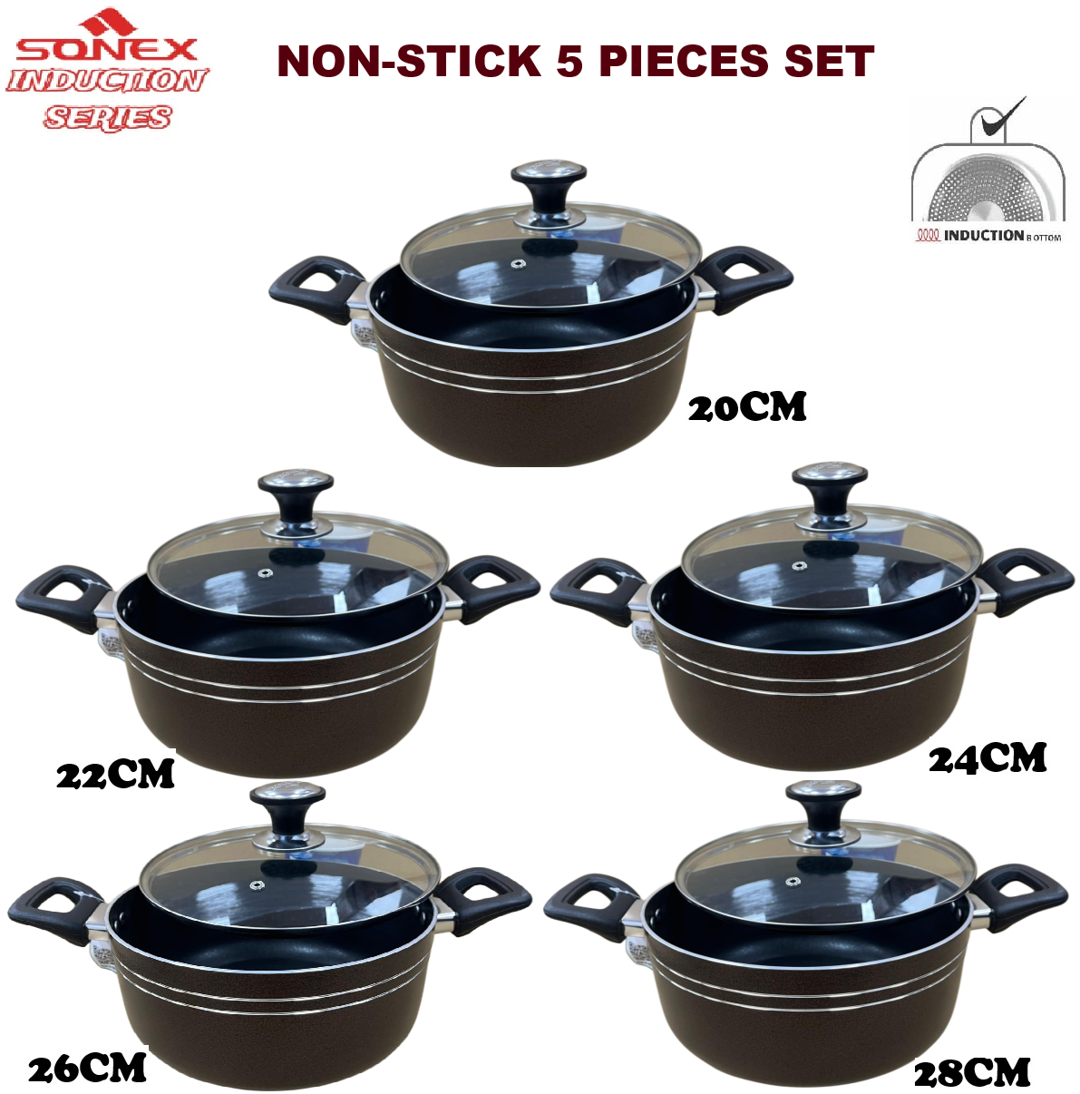Non-Stick 5 Pieces Marble Coated Casserole Set With Glass Lid ( INDUCTION) BURGENDY