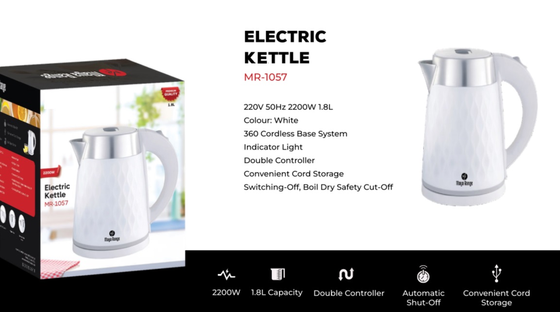 Electric Kettle Outer Plastic & Inner Stainless Steel 2200W 1.8L White