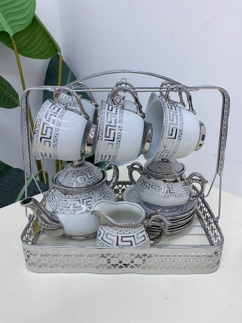 Teapot Set Silver Pattern Porcelain 15PCS